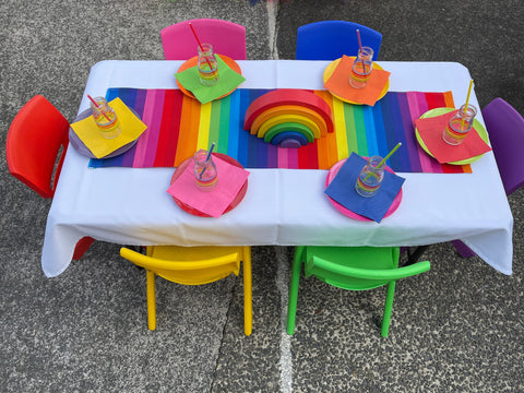 Colourful kids party table and chairs for hire