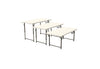 Three Settings of folding tables on a white background